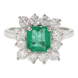 18ct gold emerald and round brilliant cut diamond cluster ring, hallmarked, emerald approx 1.10 carat, total diamond weight approx 0.90 carat