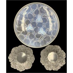 1930's French Arrers Opalescent glass dish D24cm, together with a pair of Lalique moulded glass circular dishes with frosted flowerhead borders (3)
