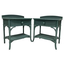 Lloyd Loom of Spalding - pair 'Trader' wicker bedside cabinets painted in teal, raised back over one frieze drawer and under-tier, on splayed feet
