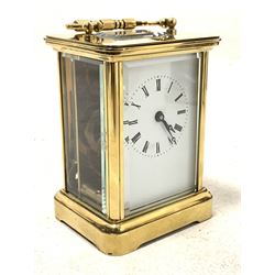 Brass four glass carriage time piece clock, white enamel dial with Roman numeral chapter ring, W8cm