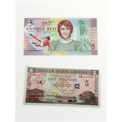 Three Ulster Bank Limited George Best five pound notes, The British Linen Bank one pound note 5th November 1969 'C/5 433914', Falkland Islands one pound note 1st October 1984 'A031500', two Government of Gibraltar ten pound notes 1st January 2010 'A/AB 143842' 'A/AB 143843' and a Queen Elizabeth II Australia five dollars banknote (8)