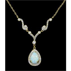 Silver-gilt opal and cubic zirconia pendant necklace, stamped 925
