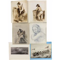English School (19th century): Peasant Children, pair monochrome watercolours together with Renaissance Style Maiden, pencil portrait; Beggar with Hooked Nose, pencil and watercolour; Rowing to Shore, watercolour and a charcoal sketch max 29cm x 20cm (6) (unframed)