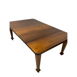20th century walnut and oak extendable dining table, the extendable top raised on squared tapering supports