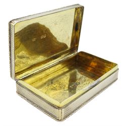 Early Victorian silver rectangular snuff box, the hinged cover engraved with a hunting scene with leaf and engine turned decoration and gilded interior 9cm x 5.5cm London 1837 Maker Thomas Edwards 5oz