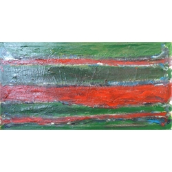  R Hilton (mid 20th century): Green and Red Abstract oil on canvas signed with initials R H and dated 71, bears signature R Hilton verso 36cm x 69cm  