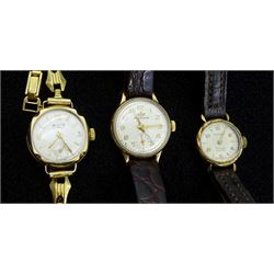 Three 9ct gold ladies manual wind wristwatches including Marvin, Rotary and Avia, hallmarked, on leather or gold-plated straps