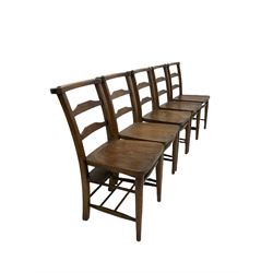 Set six beech and elm chapel chairs, the shaped seat raised on turned supports W42cm and one similar chair