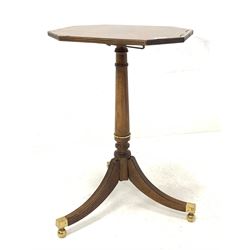 Regency design wine table, the octagonal rosewood top with mahogany crossband and chequered string inlay over turned column and three out splayed supports with brass cup and ball feet, 46cm x 38cm, H70cm