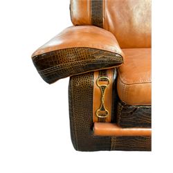 Formitalia - contemporary designer wide armchair upholstered in orange leather with crocodile skin design pattern trimming, padded arm rests above gilt buckle uprights, on block feet