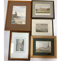 A Burnside (British 20th century): Ruined Lighthouse, watercolour signed; L Thompson (British 20th century): River Cathedral View, watercolour signed together with Venecian watercolour and two prints max 26cm x 18cm (5)