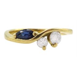 18ct gold three stone marquise cut sapphire and round brilliant cut diamond ring, stamped 750