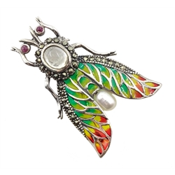 Silver plique-a-jour, marcasite, ruby, moonstone and pearl insect brooch