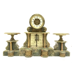 Large Victorian onyx garniture, comprising of clock with white enamel dial and Arabic chapter ring, eight day movement,  mercury pendulum, two reeded brass pilasters enclosing bevelled glass panel, (W38cm) and a pair of onyx mantel vases, (W18cm)