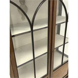  Edwardian mahogany display cabinet, frieze inlaid with boxwood floral swags and stringing, over tracery glazed doors enclosing two shelves, raised on square supports, W95cm, H173cm, D35cm  