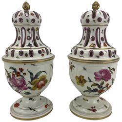 Pair of late Vienna potpourri vases with pierced domed covers, gilt berry finials, painted with sprays of flowers, poultry and other birds on domed foot, blue beehive marks  H20cm (2) Provenance: From the Estate of the late Dowager Lady St Oswald