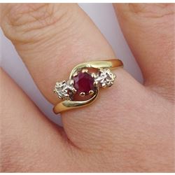 9ct gold three stone ruby and diamond ring, hallmarked