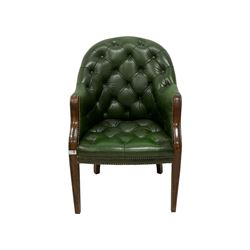 Late 20th century Georgian design mahogany framed elbow office chair, upholstered in green buttoned leather, raised on square tapered supports