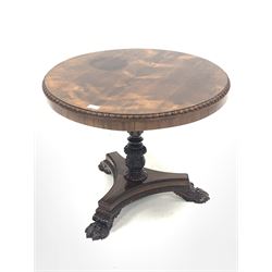 Regency design rosewood lamp table, circular top with egg and dart moulded edge over reeded and leaf carved upright leading to trefoil base with paw supports D68cm, H55cm