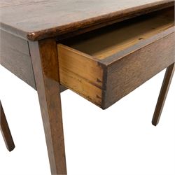 George III oak side table, rectangular top with rounded corners, fitted with single drawer, raised on inner chamfered square supports