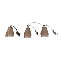 Set of three Art Deco French silvered bronze down lights, each having pink floral moulded glass shades, signed 'Ros', D21cm x W12cm 