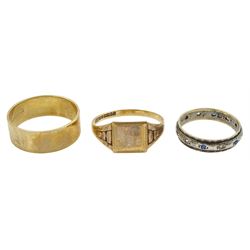 Gold signet ring and wedding band, both hallmarked 9ct and a gold and silver stone set full eternity ring stamped