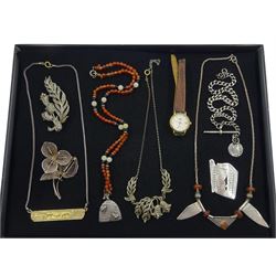 Silver beehive pendant, London 1989, on agate and bead necklace, Greek gold and silver necklace, stamped 22 925, silver and amber necklace, Longines ladies quartz wristwatch, marcasite brooch and necklace, silver watch chain and one other brooch