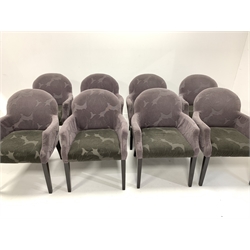 Set eight contemporary chairs, upholstered in purple floral fabric, raised on square tapered ebonised supports, W61cm