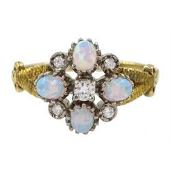 Silver-gilt opal and cubic zirconia flower head cluster ring, with pierced and textured shoulders, stamped Sil