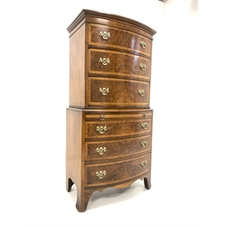 Quality Georgian style walnut bow front chest on chest, projecting cornice over top section fitted with three graduated drawers, brushing slide and three long graduated drawers under, raised on shaped splayed bracket supports, each drawer with cross band and burr walnut front