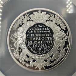 The Royal Mint United Kingdom 2015 'The Christening of HRH Princess Charlotte Elizabeth Diana of Cambridge' five ounce fine silver proof coin, encapsulated by NGC