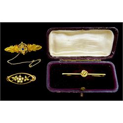 Victorian 15ct sapphire and diamond brooch, gold knot brooch and a gold seed pearl brooch, both stamped 9ct