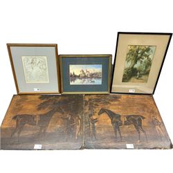 Continental School (20th century): German Landscape, watercolour signed indistinctly together with another watercolour; 18th/19th century ink drawing on laid paper; pair early equestrian prints max 37cm x 50cm (5)
