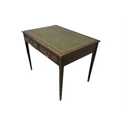 Late 19th century mahogany desk, rectangular top with inset leather writing surface, fitted with two drawers with brass handles, raised on square tapering supports