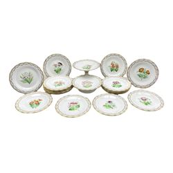 19th century English porcelain Botanical dessert service, each hand painted with a different summer flower in coloured enamels within an interlaced gilt border, comprising seventeen plates, D23cm, low and high pedestal comports (19)
