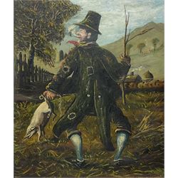 English Naive School (19th century): The Pig Farmer, oil on canvas indistinctly signed 36cm x 30cm (unframed)