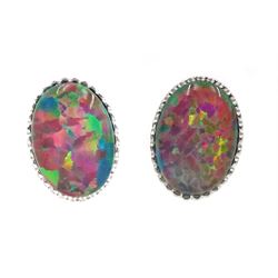 Pair of silver oval opal stud earrings, stamped 925