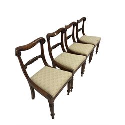 Set four 19th century mahogany dining chairs, the shaped cresting rail and back rail over drop in seat pad, raised on octagonal supports 