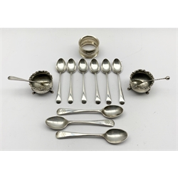 Set of six silver coffee spoons Sheffield 1920, pair of silver circular salts Sheffield 1909, silver serviette ring, two condiment spoons and three plated tea spoons, silver weight 5.7oz