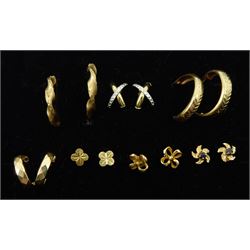 Three pairs of gold hoop stud earrings, pair of crossover stud earrings and three other pairs, all 9ct stamped or tested