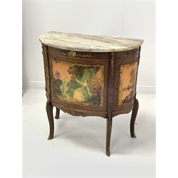 Early 20th century French kingwood bow front cupboard in the manner of Vernis Martin, marble top over cupboard door enclosing shelf, three painted panels depicting figures in landscape, cabriole supports, with gilt metal mounts 