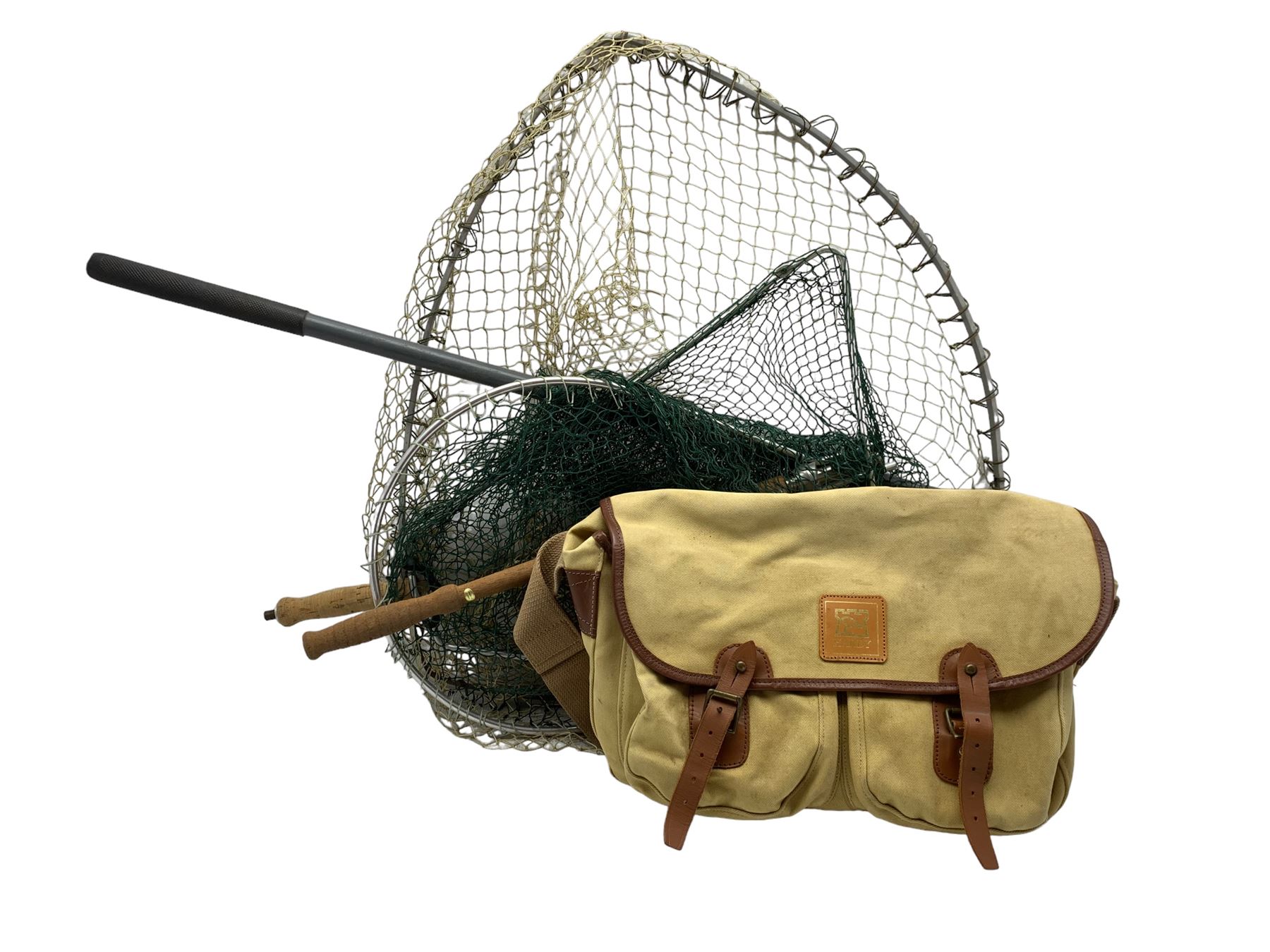 DS Hardy leather trimmed canvas fishing bag, two boxes of tied