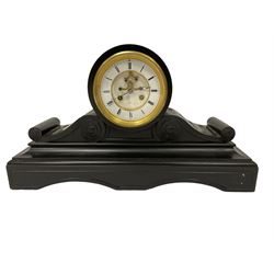 French -  19th century Belgium slate 8-day mantle clock, drum case with volutes and carved serpentine plinth, two part enamel dial with Roman numerals, minute track and steel moon hands, with a visible Brocot escapement, cast brass bezel and bevelled glass, striking the hours and half hours on a bell.
With pendulum.
