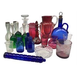 Group of glassware to include a pair of early 20th century wrythen glass vases with silver mounts, Minimax fire extinguisher, three green glass bells, Cranberry glass etc in one box