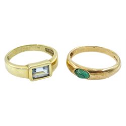 9ct gold single stone cabochon emerald ring, hallmarked and a 14ct gold emerald cut blue topaz ring, stamped 585