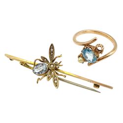 Early20th century gold blue topaz and seed pearl insect brooch, stamped 9ct and a rose gold pearl and blue stone crossover ring