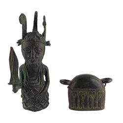 Late 19th century Burmese Hka-Lauk Bell (cattle bell), of semi circular form with geometric and floral decoration, H9cm together with a Benin style bronze figure of a warrior (2)