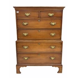 George III mahogany chest on chest, two short and five long graduated cock beaded drawers with hammered plate brass pull handles, raised on bracket supports W96cm, H133cm, D45cm