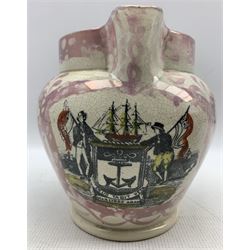 19th century Sunderland pink lustre bowl with 'The Farmer' verse and 'God Speed the Plough' D18cm and a Sunderland jug with 'The Mariner's Compass' and 'Mariner's Arms' H18cm (2)