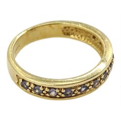 9ct gold channel set round aquamarine half eternity ring, hallmarked